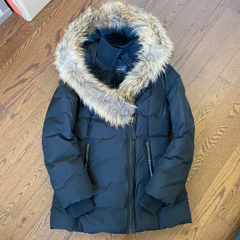 Mackage Black Puffer Jacket with Faux Fur Trim Hood